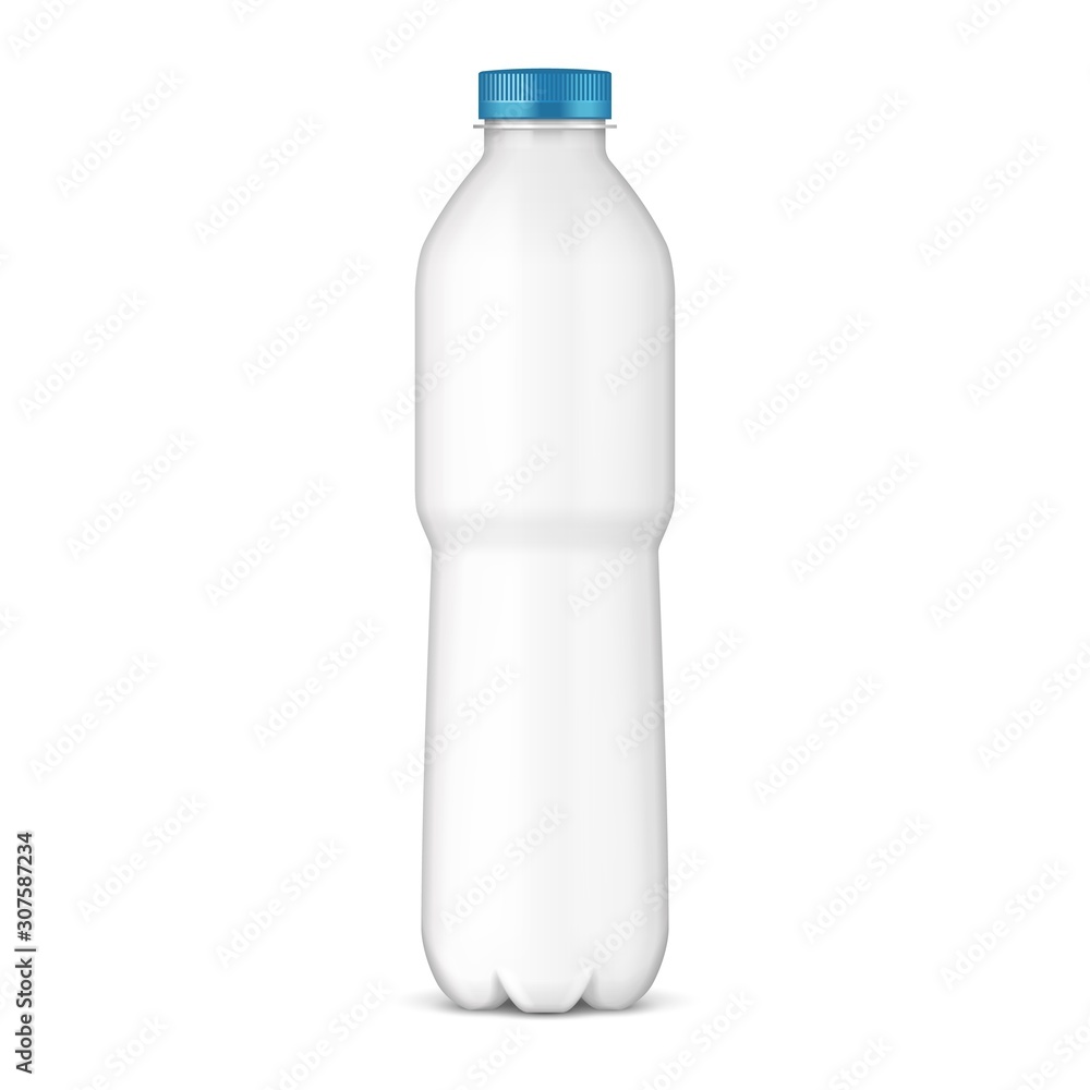 Plastic water bottle with blue cap against white background, Stock image