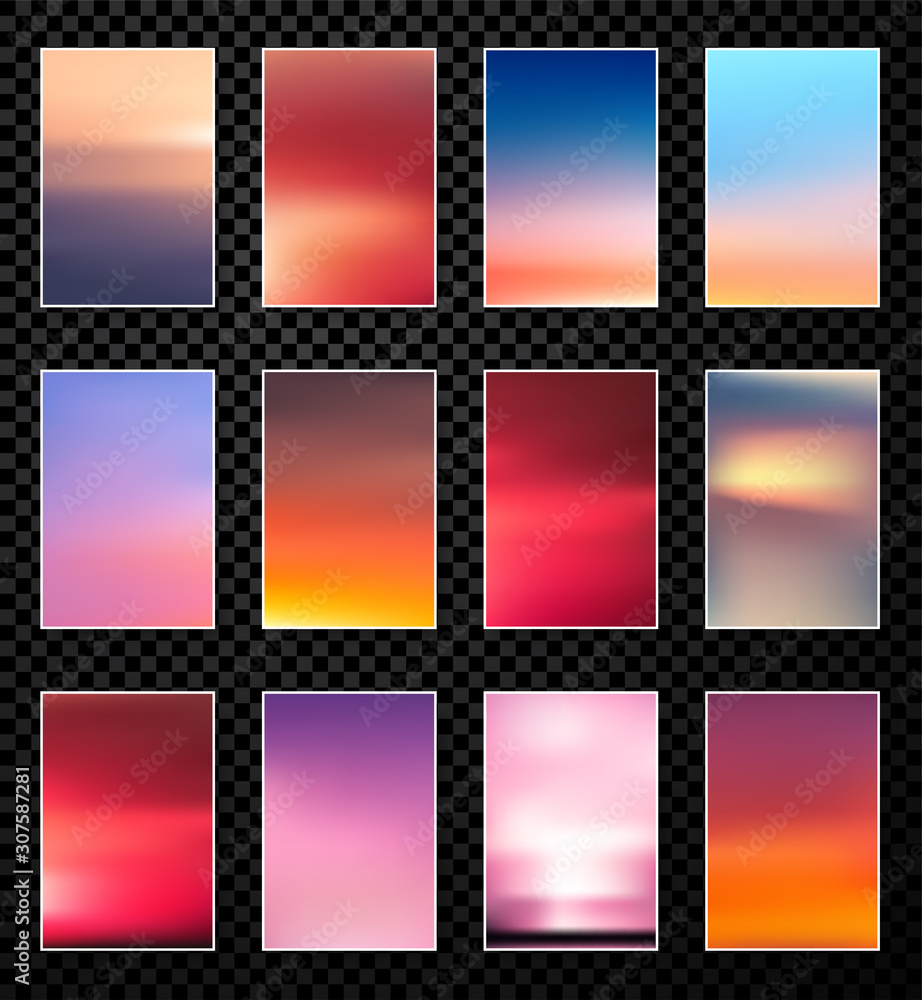 Set of colorful sunset and sunrise paper cards. Blurred modern gradient mesh background.