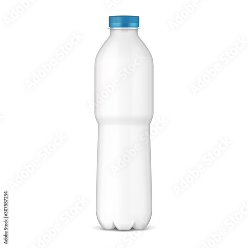 Mockup Plastic Clean Bottle Full, Filled With Blue Cap. Soft Drink. Disposaple. Mock Up Template. Illustration Isolated On White Background. Ready For Your Design. Product Packaging. Vector EPS10