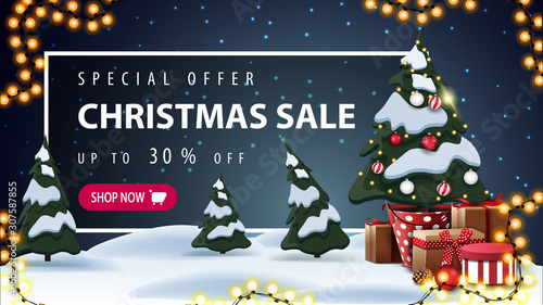 Special offer, Christmas sale, up to 30% off,  discount banner with cartoon winter landscape on background, garland, Christmas tree in a pot with gifts and white frame with offer behind the snowdrifts