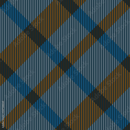 A diagonal plaid seamless vector pattern in blue and brown colors. Abstract geoetric surface print design.