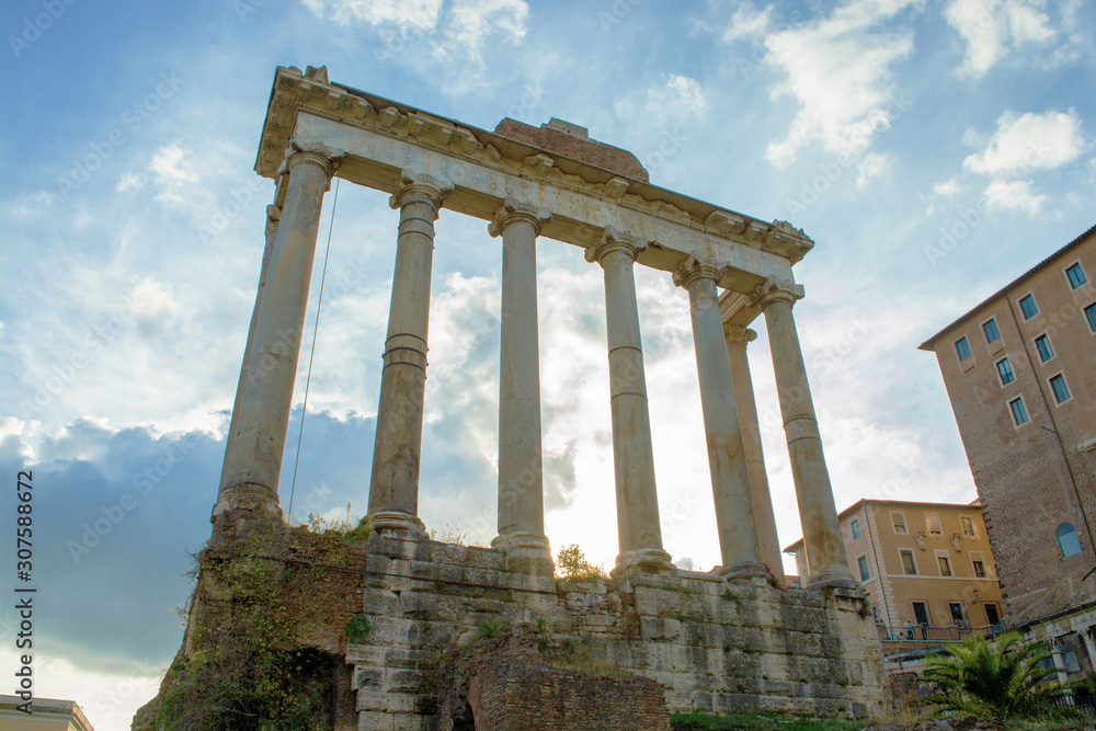 Ruins of Temple of Saturn - an ancient Roman temple to the god Saturn at the Roman Forum