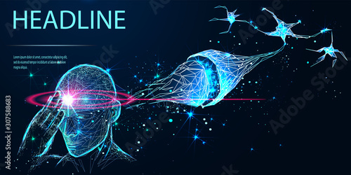 Synapse and neuron. Vector low poly wireframe. Futuristic medicine research therapy health analysis laboratory illustration. Headline