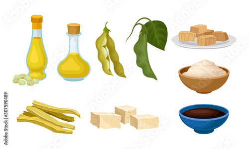 Soy Food Products Collection, Oil, Flour, Sauce, Tofu, Asparagus Vector Illustration