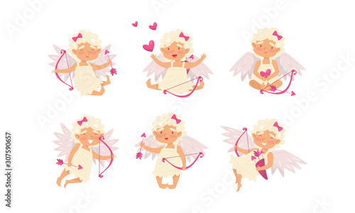 Collection of Cute Cupid Girls in Different Actions, Adorable Cherubs Shooting with Bow and Arrows Surrounded with Pink Hearts Vector Illustration