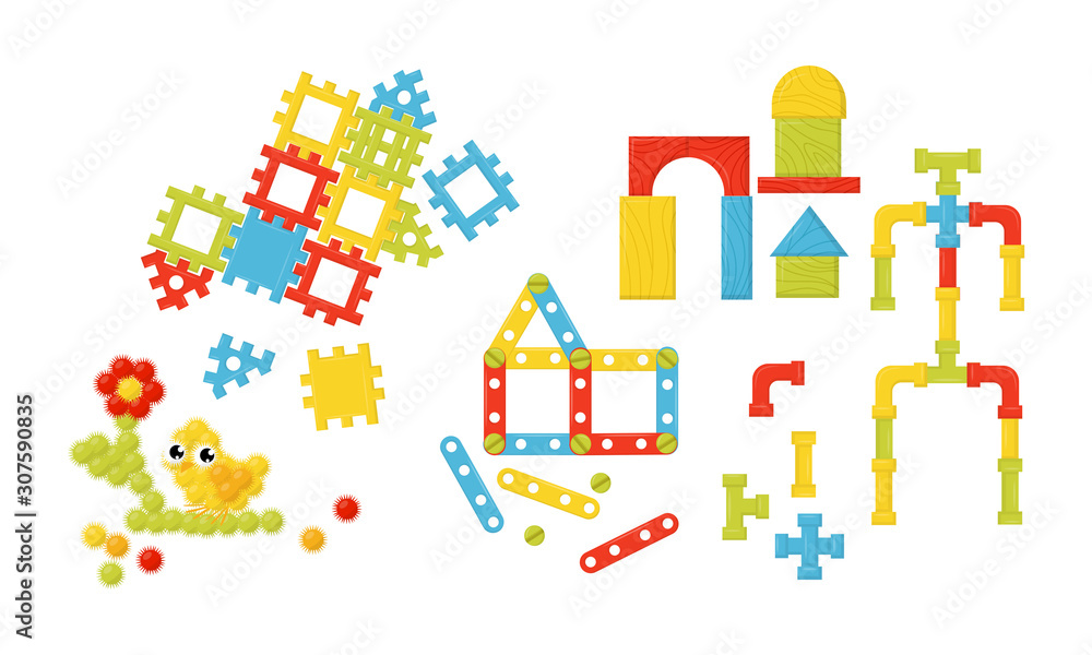 Fototapeta premium Children Toys Collection, Magnetic Constructor and Building Blocks, Educational Game for Kids Vector Illustration
