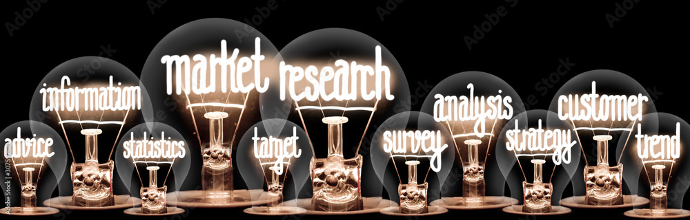 Fototapeta Light Bulbs with Market Research Concept
