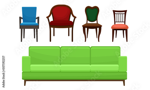 Comfortable Sofa and Chairs Collection, Home Furniture, Interior Design Elements Vector Illustration