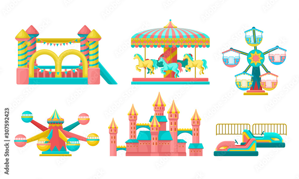 Amusement Park Attractions Set, Inflatable Trampoline, Castle, Carousels Vector Illustration