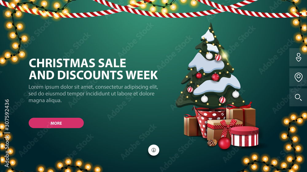 Christmas sale and discounts week, green banner with button, garlands and Christmas tree in a pot with gifts