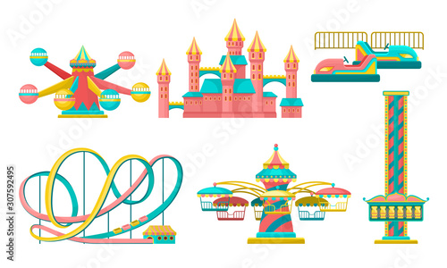 Photo Amusement Park Attractions Set, Rollercoaster, Castle, Carousels Vector Illustra