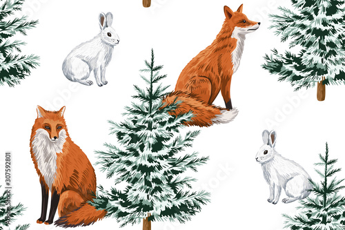 Christmas trees, red fox and white rabbit floral seamless pattern white background. Winter forest wallpaper.