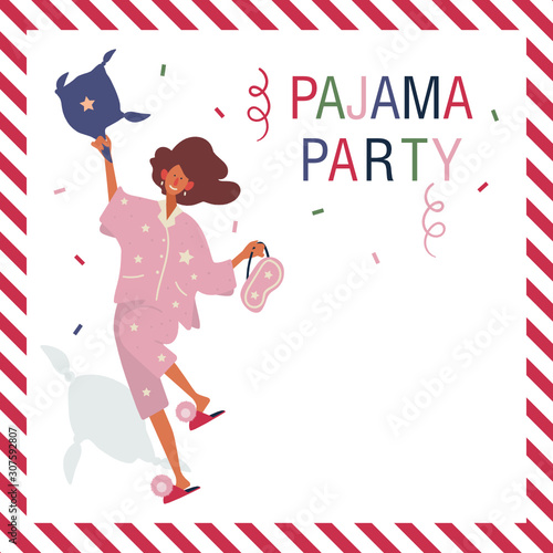 Beautiful woman on pajama party. Flat vector illustration on white background. 