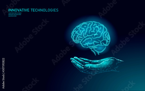 Brain treatment low poly 3D render. Medicine care hand drug mental health concept. Cognitive rehabilitation in Alzheimer's disease center banner template patient vector illustration