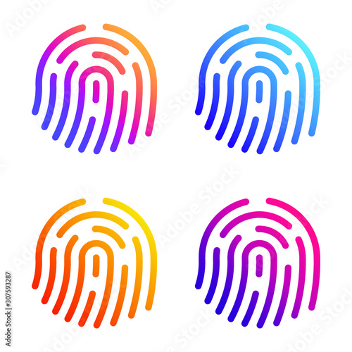 Biometric, dactylogram, data, fingerprint icon shape button set. Thumbprint, password, identity, privacy logo symbol sign. Vector illustration image. Isolated on white background. Cool gradient colors