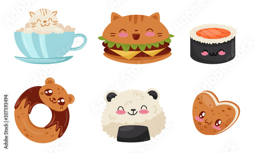 Cute Food in Kawaii Style Set, Delicious Desserts and Dishes with Smiling Faces Vector Illustration
