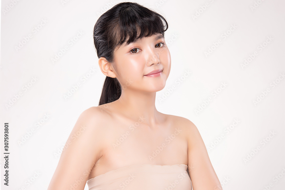 Beautiful Young Asian Woman with Clean Fresh Skin. Face care, Facial treatment, on white background, Beauty and Cosmetics Concept. Beautiful Young Asian Woman with Clean Fresh Skin. Face care, Facial treatment, on white background, Beauty and Cosmetics Concept.