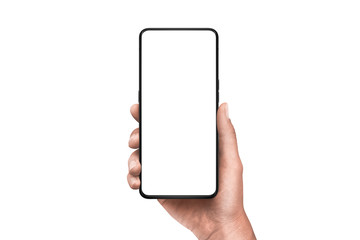 Modern smart phone in hand. Isolated background and screen. Thin edges od smartphone without a camera