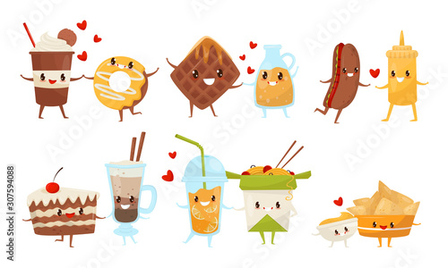 Cute Food and Drinks Cartoon Characters Best Friends Set, Delicious Fast Food Menu Dises with Funny Faces Vector Illustration