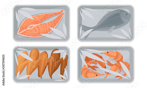 Collection of Food Plastic Tray Containers with Transparent Cellophane Covers, Fresh Salmon Steak, Shrimps, Chicken Wings and Fish Packaging Vector Illustration