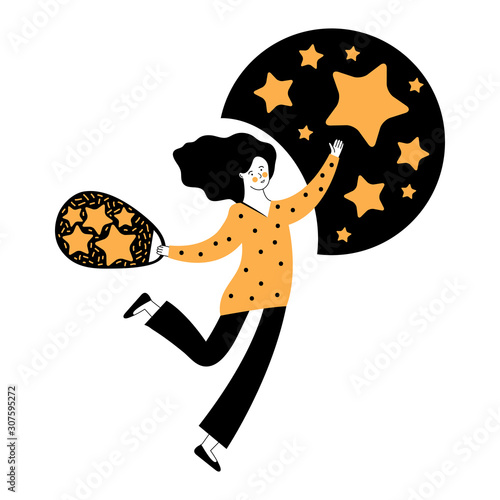 Woman collects stars from the sky. Catch the luck star. Cartoon illustration of a woman reaching for the stars looking for success or catching dreams. Business concept feedback from customers.