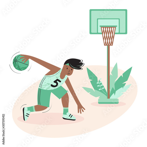 Happy basketball player in uniform throws the ball into the basketball basket. A young athlete plays a sports game. Cartoon vector illustration. Sports and healthy lifestyle.