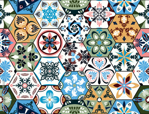 Vector seamless texture. Beautiful mega patchwork pattern for design and fashion with decorative elements in hexagon. Portuguese tiles, Azulejo, Moroccan ornaments
