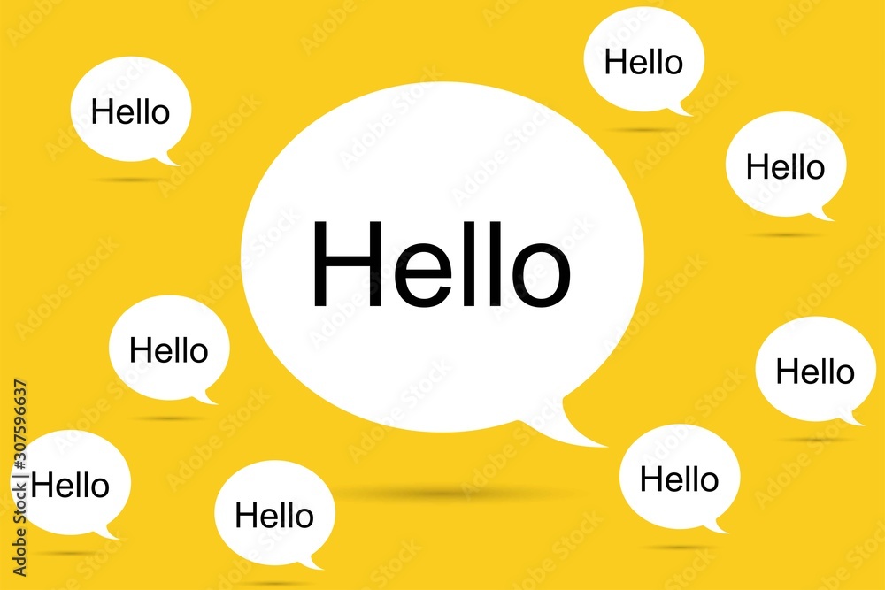 Hi, Hello. Banner, speech bubble, poster and sticker concept with text Hello. White bubble message hi, hello or hi there on bright yellow background for banner, poster. Vector Illustration Hi, Hello. Banner, speech bubble, poster and sticker concept with text Hello. White bubble message hi, hello or hi there on bright yellow background for banner, poster. Vector Illustration