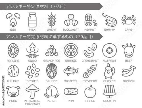 食物アレルギー　特定原材料　アイコンセット
