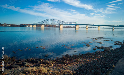 Wallpaper Mural Historic blue and white arch truss bridge over the Columbia River with blue skies and clouds on a sunny morning in Kennewick-Pasco Washington Torontodigital.ca