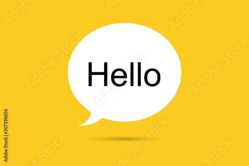 Hi, Hello. Banner, speech bubble, poster and sticker concept with text Hello. White bubble message hi, hello or hi there on bright yellow background for banner, poster. Vector Illustration