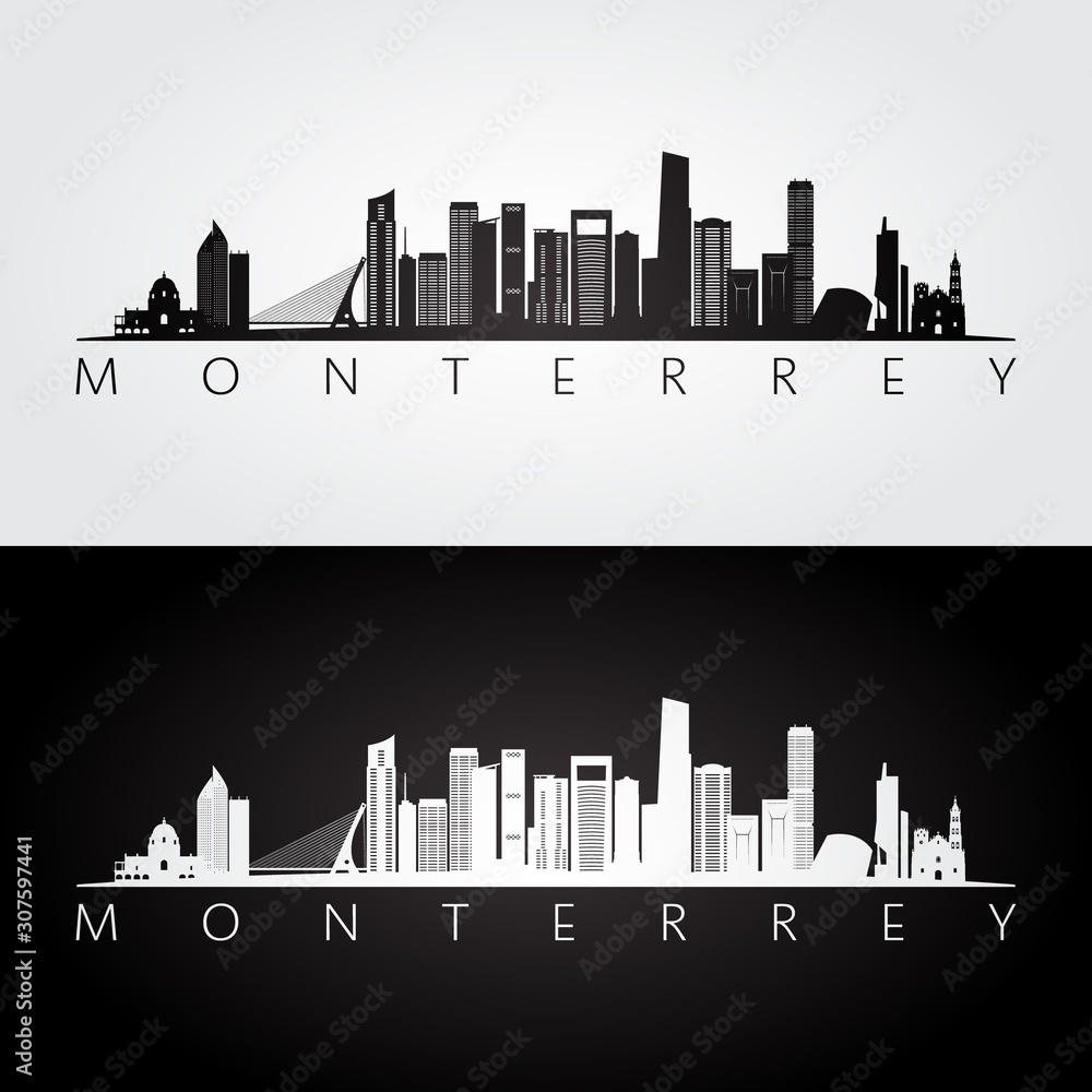 Monterrey skyline and landmarks silhouette, black and white design, vector illustration.
