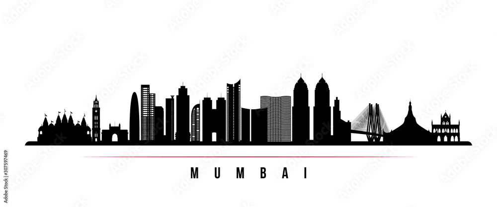 Mumbai skyline horizontal banner. Black and white silhouette of Mumbai, India. Vector template for your design.