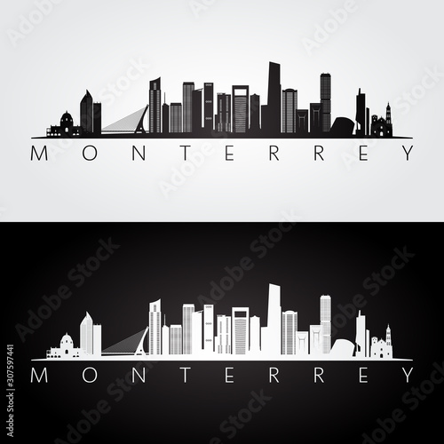 Monterrey skyline and landmarks silhouette, black and white design, vector illustration. photo