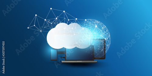 Cloud Computing Design Concept - Digital Connections, Technology Background with Mobile Computing Devices and Geometric Network Mesh