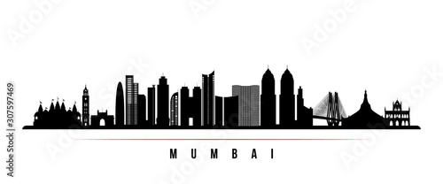 Mumbai skyline horizontal banner. Black and white silhouette of Mumbai, India. Vector template for your design.
