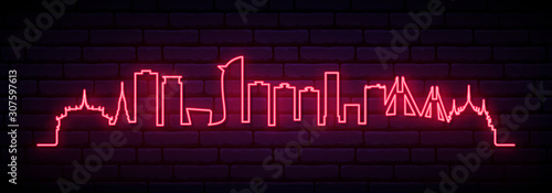 Tableau sur toile Red neon skyline of Phnom penh city