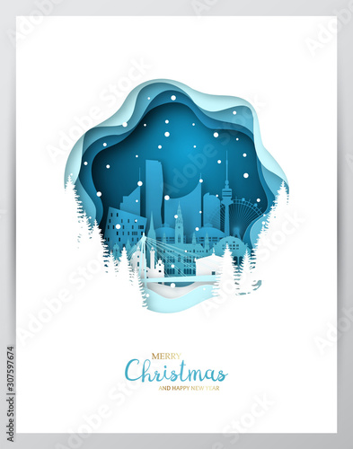 Snowy Vienna city. Paper art greeting card. Merry Christmas and Happy New Year Vienna. Vector illustration.