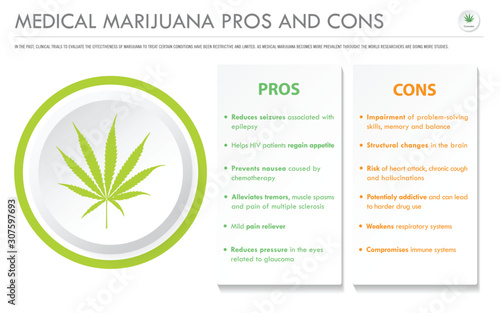 Pros and Cons of Medical Marijuana horizontal business infographic illustration about cannabis as herbal alternative medicine and chemical therapy, healthcare and medical science vector.