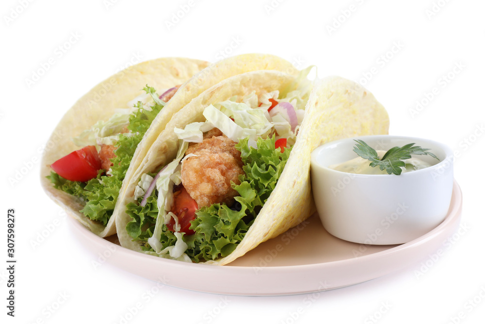 Yummy fish tacos with sauce isolated on white Yummy fish tacos with sauce isolated on white