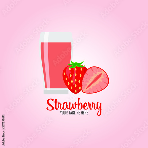 Strawberry fruit drink in the glass. Strawberry with leaves wholes. Decorative poster, emblem natural product, farmers market. Isolated on white background. Website page and mobile app.