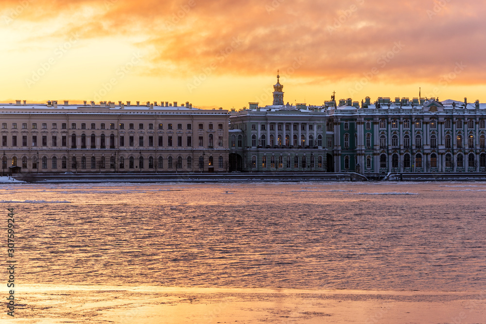flaming dawn over the Palace embankment with The old and New Hermitage