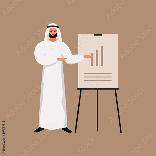 Young arab man taking part in business meeting, negotiation, brainstorming. A Saudi male employee makes a presentation and points to a chart Board. Vector illustration in flat cartoon style.