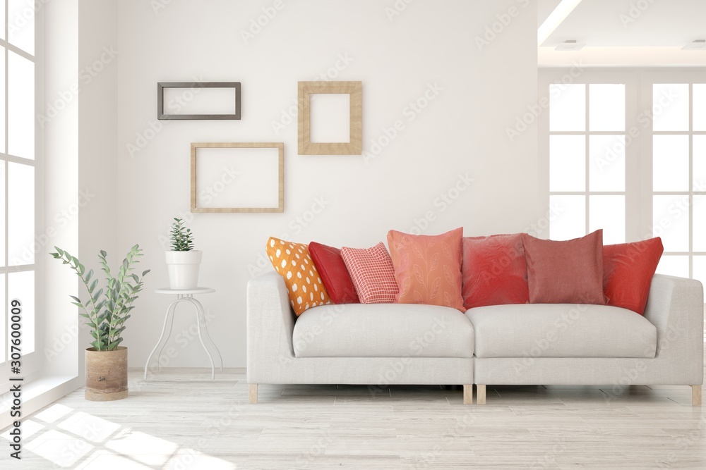 Fototapeta premium Stylish room in white color with sofa and red pillows. Scandinavian interior design. 3D illustration