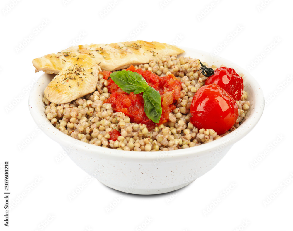 Tasty buckwheat porridge with meat and vegetables isolated on white Tasty buckwheat porridge with meat and vegetables isolated on white