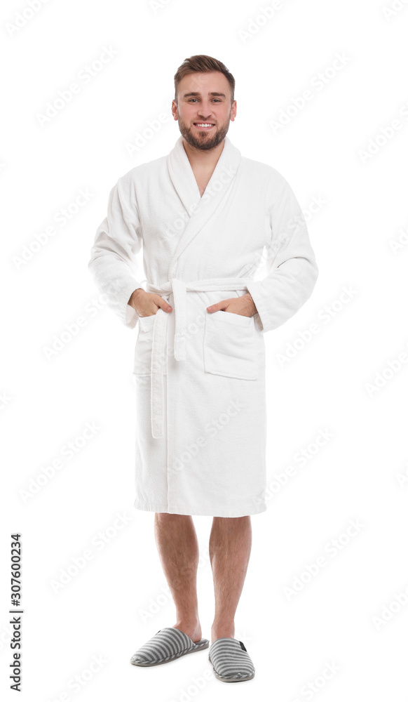 Handsome man wearing bathrobe on white background Handsome man wearing bathrobe on white background