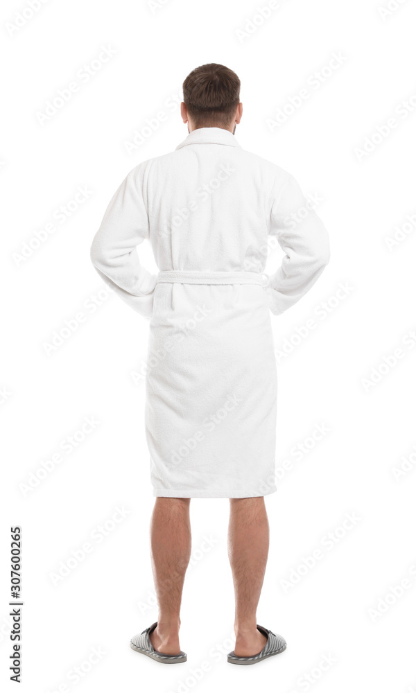 Man wearing bathrobe on white background, back view Man wearing bathrobe on white background, back view