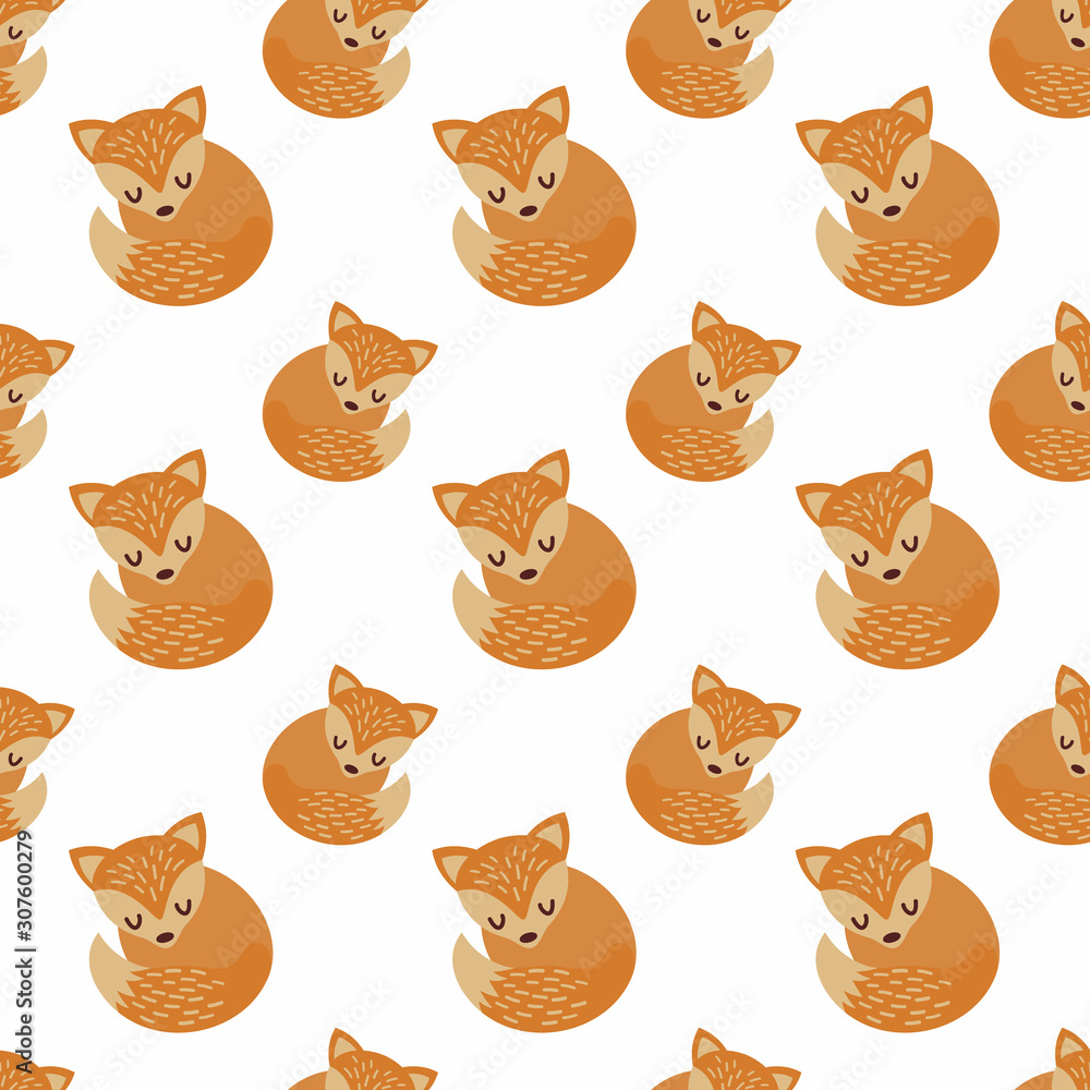 Cute fox seamless pattern. Kids animal vector illustration. 