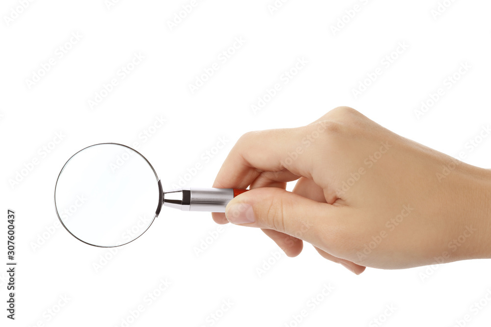 Woman holding magnifying glass on white background, closeup Woman holding magnifying glass on white background, closeup