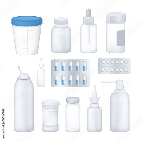 Pharmacy pharmaceutical template mockup set of empty transparent 3D packaging: container for tablets, bottle, syrups, sprays, blister, tube, aerosol can. Medical plastic packaging vector illustration.